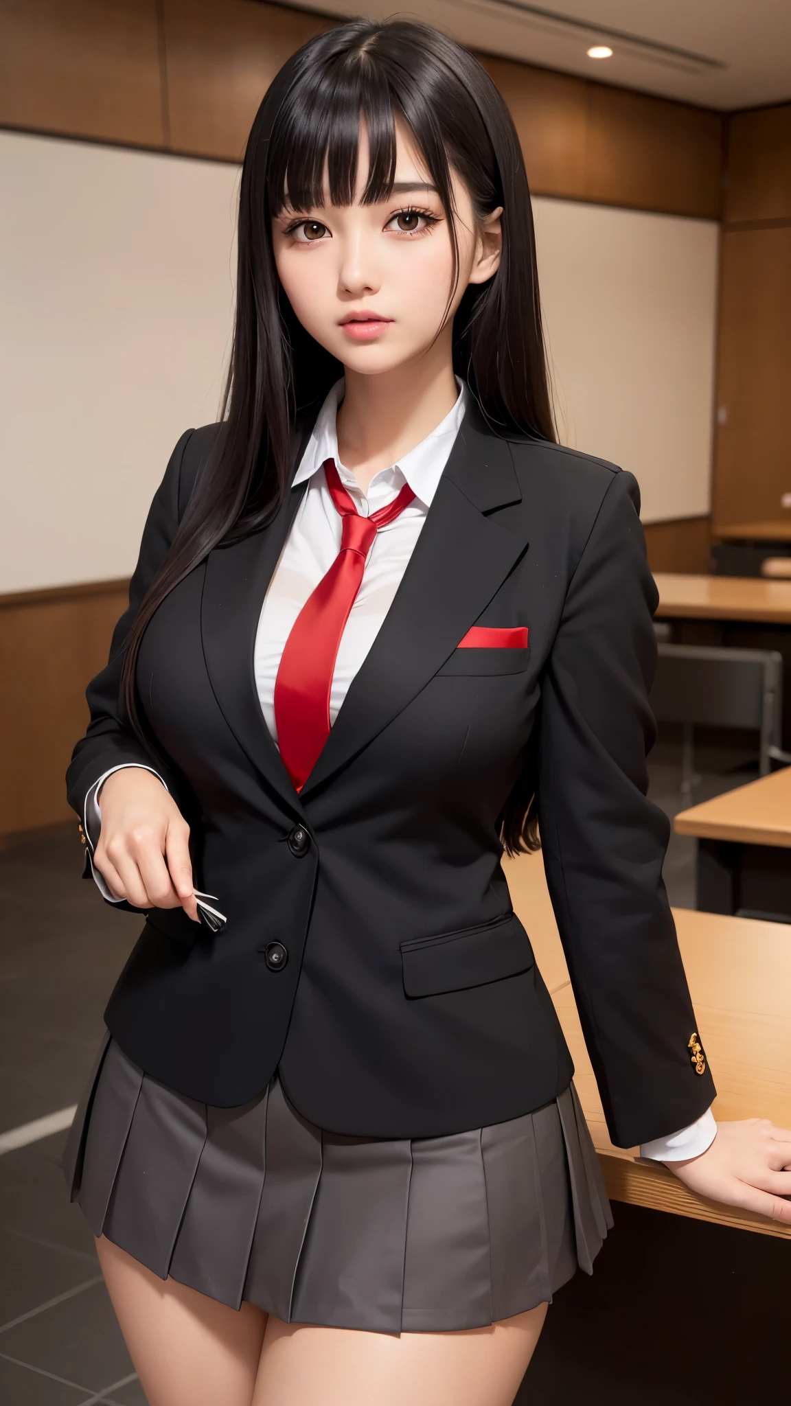 ((best quality)), ((muste piece)), (detailed breasts), (highlight), perfect face Young girl highlighting large breasts with detailed face、Long, thick, shiny, beautiful black hair with blunt bangs、solid color background、Standing wearing red and black blazer and miniskirt school uniform、Japanese high school girl、student council president idol、