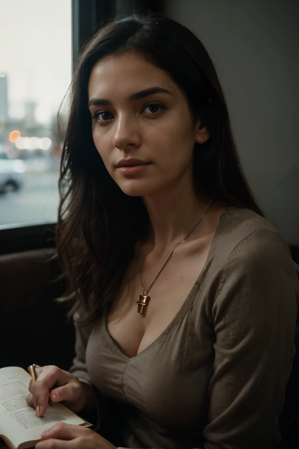 Photo of a dark haired woman 30 years old. Sitting at a coffee shop reading a Bible and wearing a crucifix necklace, she must be wearing conservative clothes. Her goal is to help getting people to know Jesus. a very fine nose. Very calming and healing. Her face is very well proportioned with the golden ratio. thin face. visible skin pores. She should have one. Influencer, , No Makeup, Instagram, No Hair in Front of Face, Long Straight dark Hair, No Lipstick, Natural Skin, No Makeup, Slim, Cinematic Angle, (Cinematic Shadow, Bokeh, Depth of field: 1.3), (close-up: 0. 7), (highly detailed RAW photo), (Extremely detailed skin, photorealistic, heavy shadow, dramatic and cinematic lighting, Key light, Fill light), sharp focus, cinematic, imperfect skin, Fabrics, Textures, detailed face, detailed skin, detailed fingers, NaturalHand2-3500, photo on analog film Deep photo, depth of field, Ferrania P30 Film, shadow, Perfect face and body, low light, Nervous, Camera flash photo, washed out film, desaturated, 35mm photo, grainy, Kodachrome, Lomography, very detailed