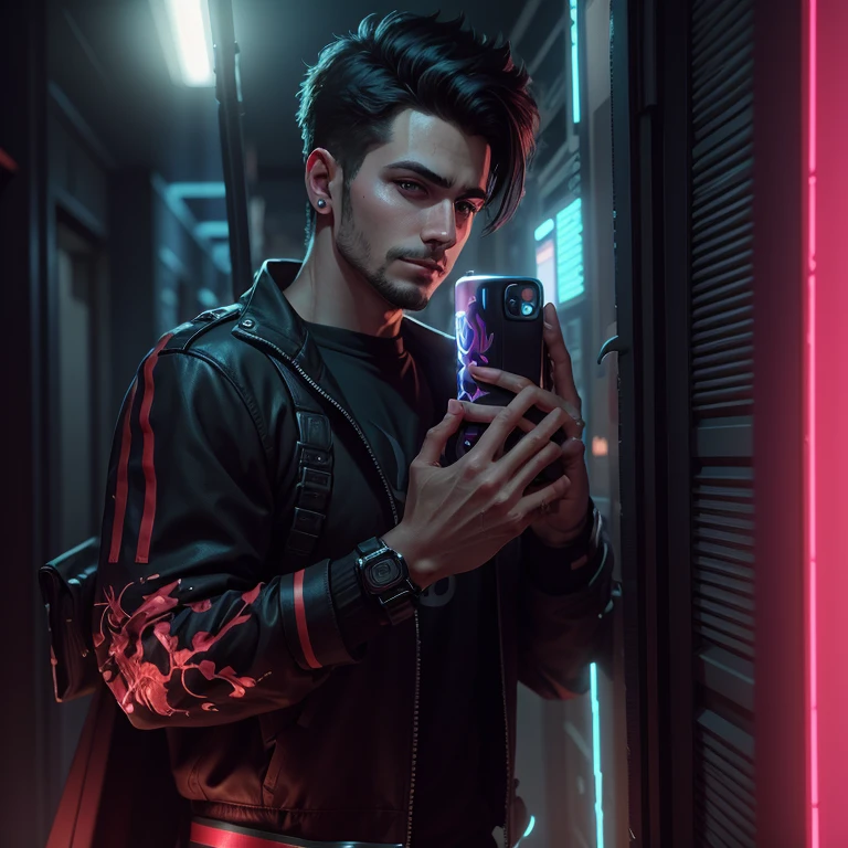 Change background cyberpunk handsome boy. Realistic face, 8k, ultra realistic,