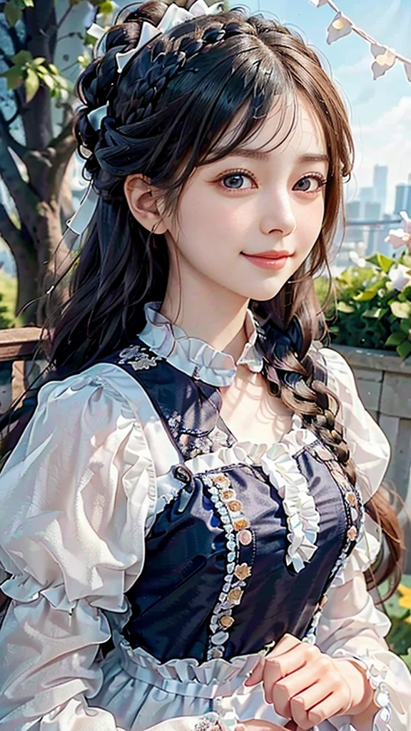 highest quality, ultra nothing, realistic, Photo of one beautiful woman, Teens in their 20s, detailed face, black dutch braid with a twist, (detailed porcelain dolls,Delicate clothes with lots of frills and ribbons), Mansion Pool, (close up face), fascinating look, looking at the viewer, smile