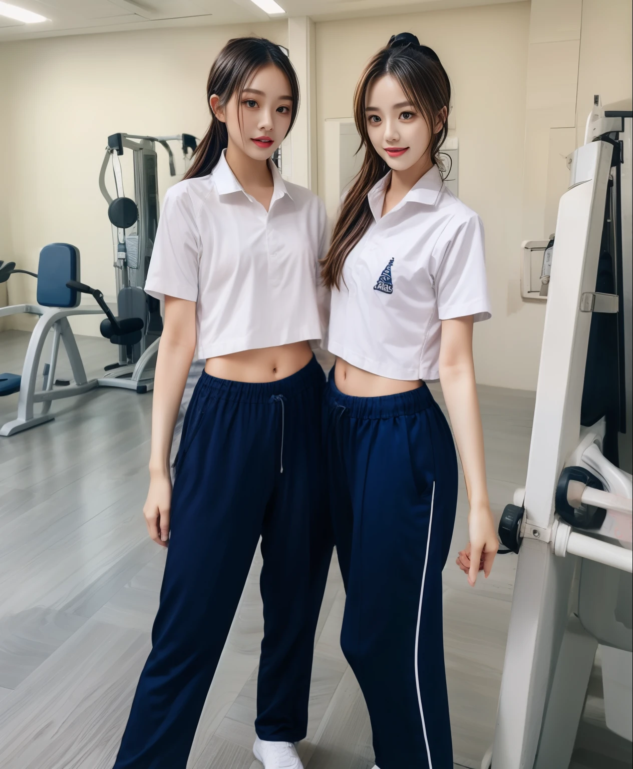 2 girls in fitness center, Navy blue short-sleeved shirt,Navy Long Trackpant,Sweatpants, Sweatpantsขายาว,25 year old girl, lesbian, sexy, exercise clothes, wet body
