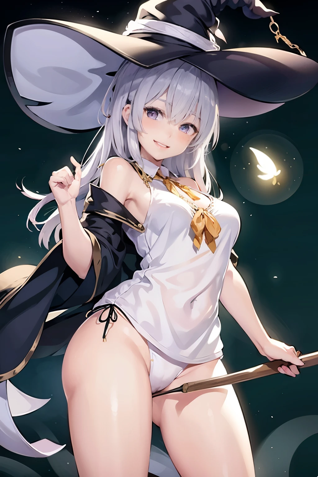 lyileina,bare shoulders ,white_collared shirt,yellow ribbon,witch hat,black robe,light smile,larger breats,best quality, panties showing, 