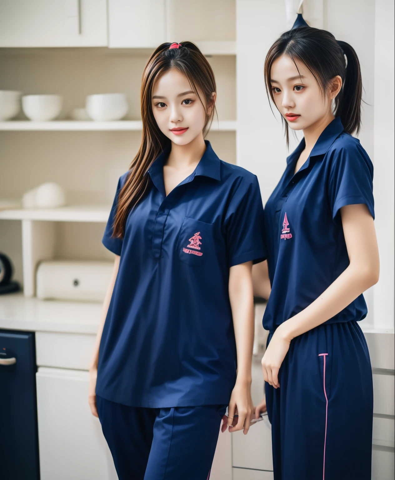 Two girls in the kitchen, Navy blue short-sleeved shirt,Navy Long Trackpant,Sweatpants, Sweatpantsขายาว,25 year old girl, lesbian, sexy, exercise clothes, wet body, exercise clothes