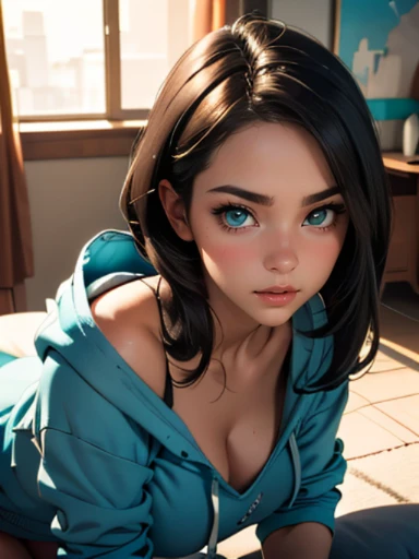 (((HD photo))), ultra high res.photorealistic:. 1.4, UHD, masterpiece, trending on artstation, upper body shot, pretty, cute face, most beautiful in the world, perfect hips, soft, delicate, long dark hair, slim body, large breasts, nsfw, (wearing teal hoodie), sunkissed, apartment interior background