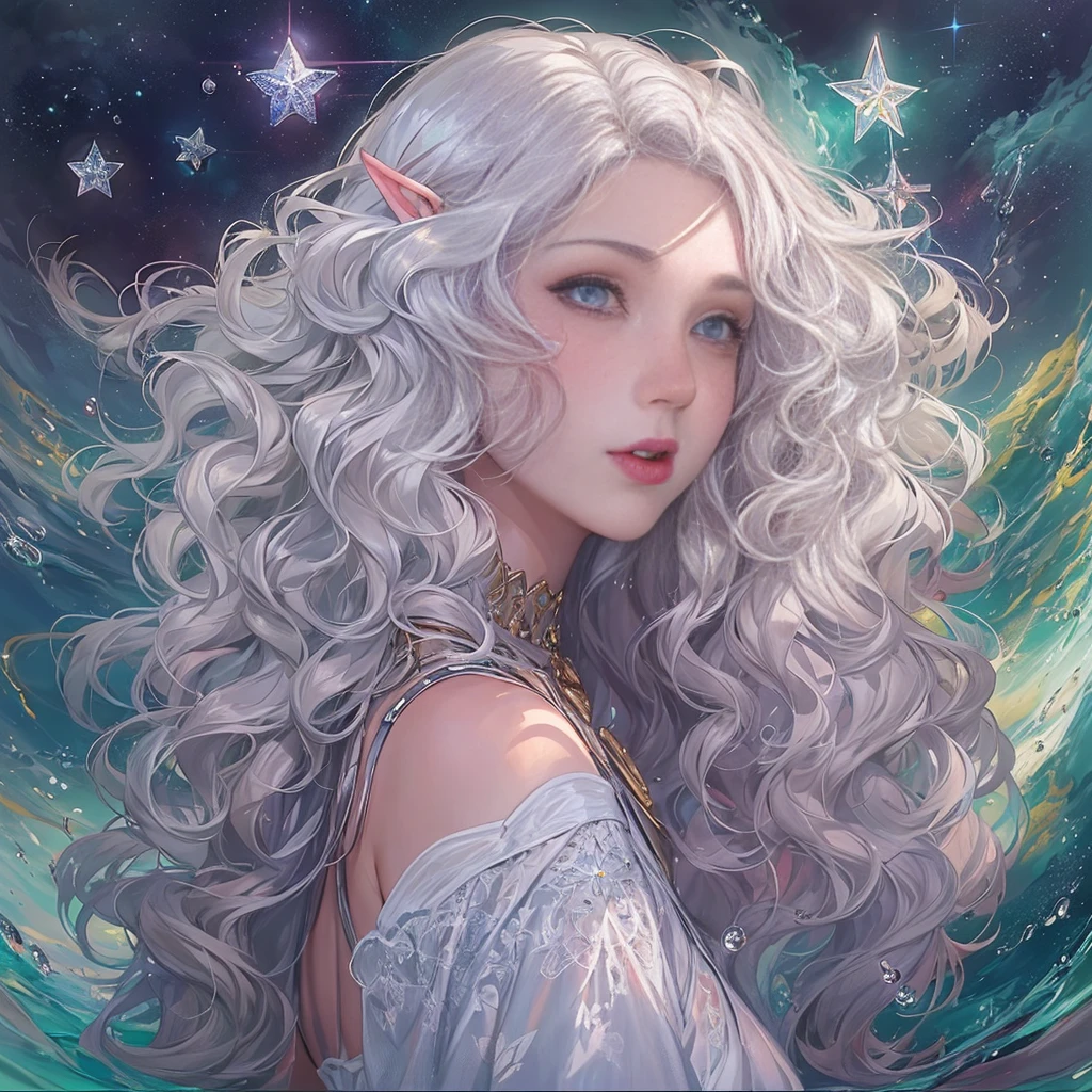 (masterpiece、top quality、top quality、수채화 water감(curly)、official art、Aesthetically pleasing:1.2)、(1 girl:1.3)、(fractal art:1.3)、upper part of the body、side to side、looking at viewer、patterns、(Gorgeous hair、half blonde,Half of the hair is silver.:1.2)、water、liquid、cloud、very colorful、starry、stone monument、tarot cards,Elf,lipstick,ruddy complexion,purple eyes,