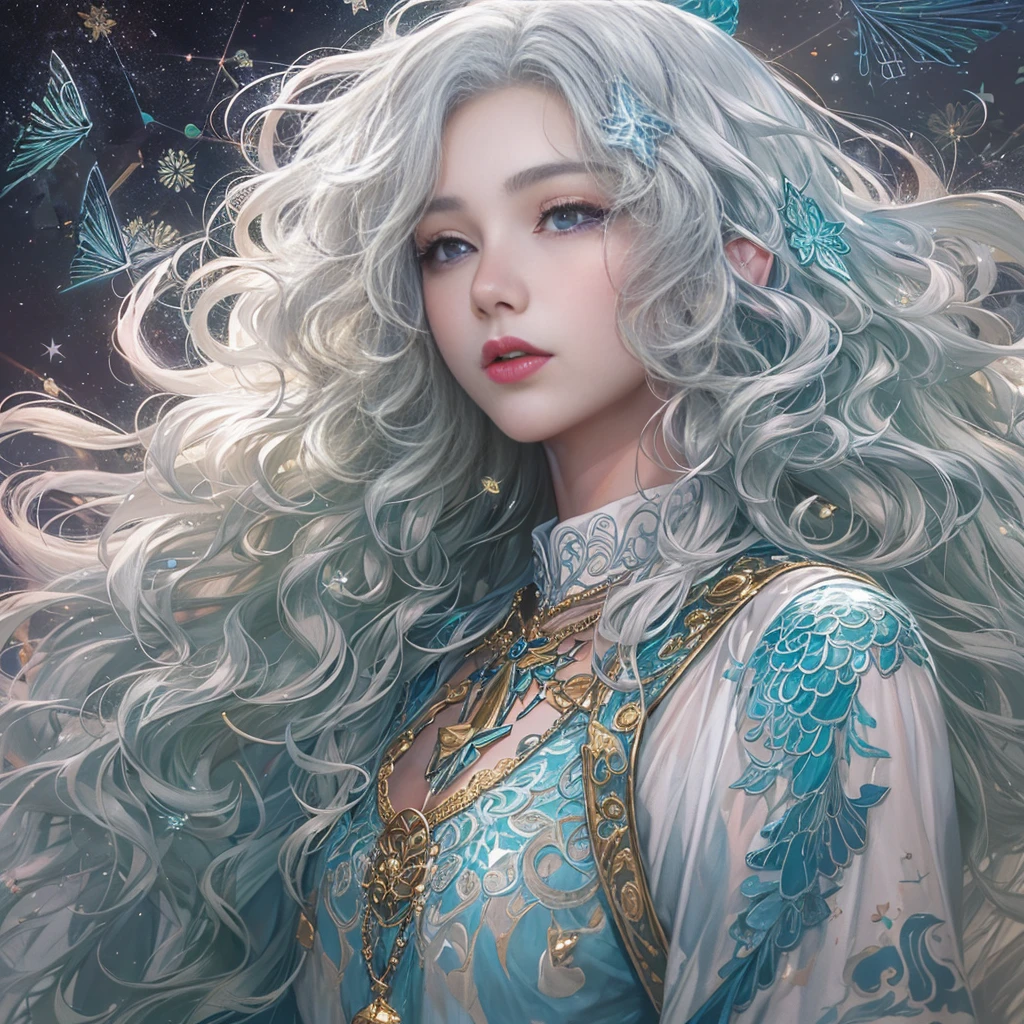 (masterpiece、top quality、top quality、수채화 water감(curly)、official art、Aesthetically pleasing:1.2)、(1 girl:1.3)、(fractal art:1.3)、upper part of the body、side to side、looking at viewer、patterns、(Gorgeous hair、half blonde,Half of the hair is silver.:1.2)、water、liquid、cloud、very colorful、starry、stone monument、tarot cards,Elf,lipstick,ruddy complexion,purple eyes,