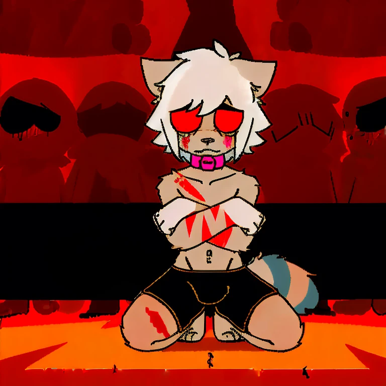 (4K,8k,best quality,meticulous details,DeliCate light,DeliCate short hair)Cat,white hair,There'a bit strange,black shorts,Big blue striped tail,Kneeling on the ground,Shota,Wrists covered with scars,Bloodshot eyes,Pink collar,crazy,In the subway station,Red filter