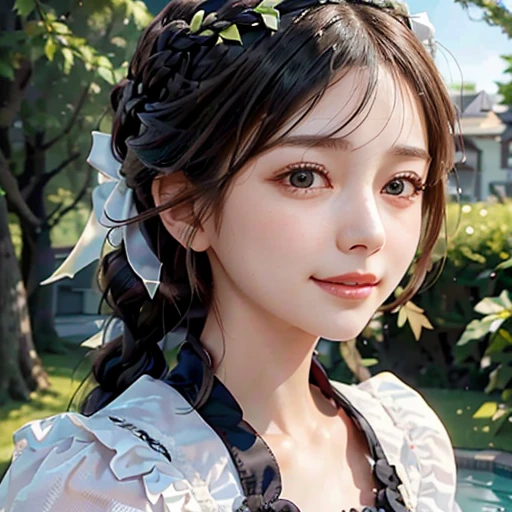 highest quality, ultra nothing, realistic, Photo of one beautiful woman, Teens in their 20s, detailed face, black dutch braid with a twist, (detailed porcelain dolls,Delicate clothes with lots of frills and ribbons), Mansion Pool, (close up face), fascinating look, looking at the viewer, smile