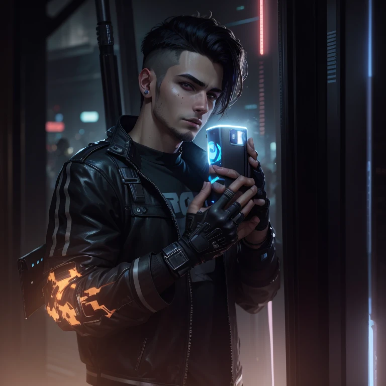 Change background cyberpunk handsome boy. Realistic face, 8k, ultra realistic,