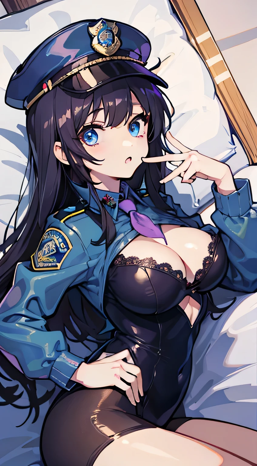 High resolution、beautiful dark blue eyes、1 girl、long hair、(police uniform:1.3)、(have:1.3)、hand gun、sleeping face up on the bed、cute anime illustration、perfect lighting、whole body、perfect anatomy