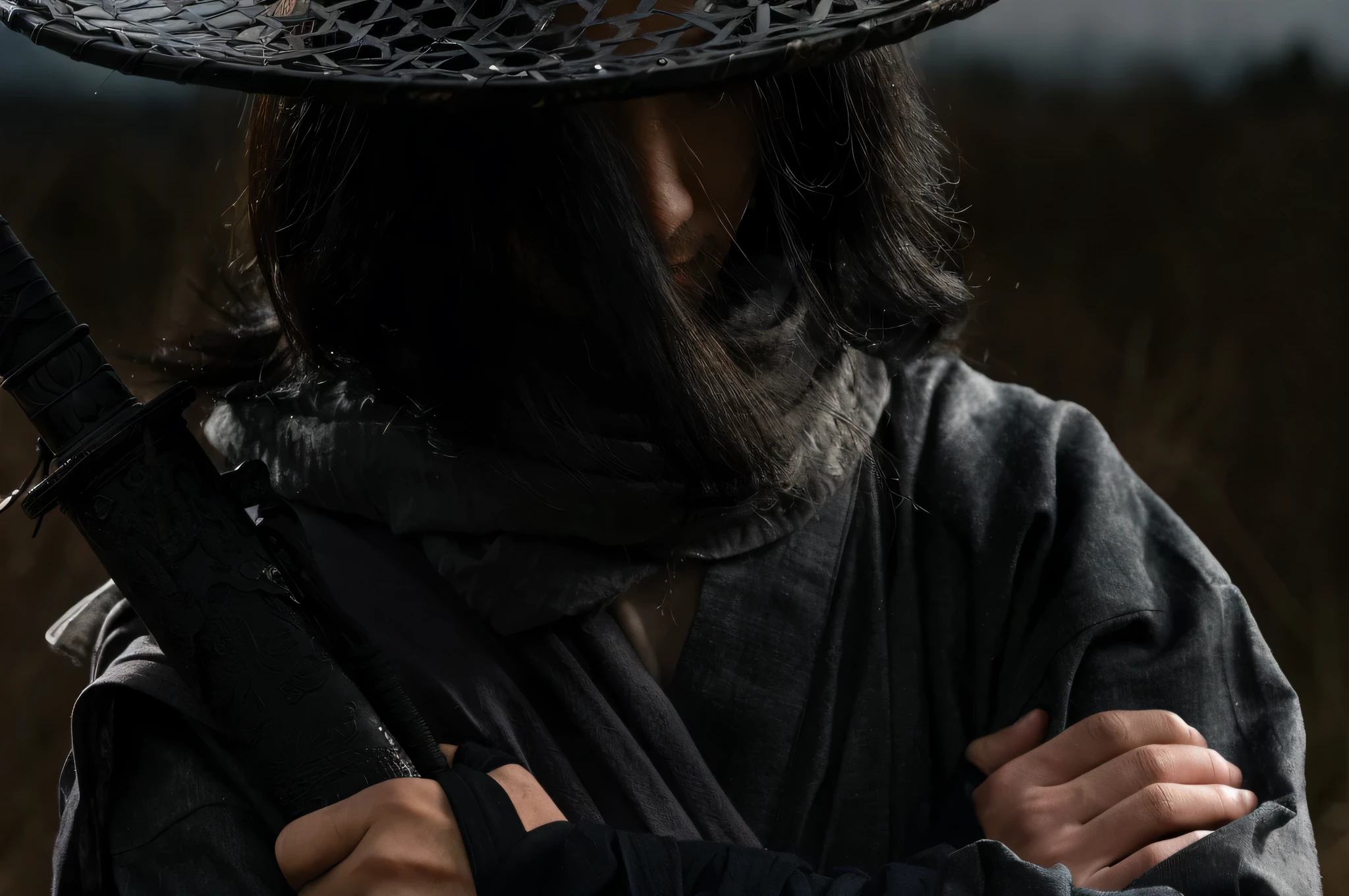 Wearing a black hat、Arafad woman holding black sword, samurai portrait photo, Mystery man, 赛博朋克portrait of a samurai warrior, close - up portrait shooting, samurai homeless man, portrait shooting, warrior in chains, close up portrait shooting, Or is it from real people?, portrait of a samurai warrior, Inspired by Kanebo