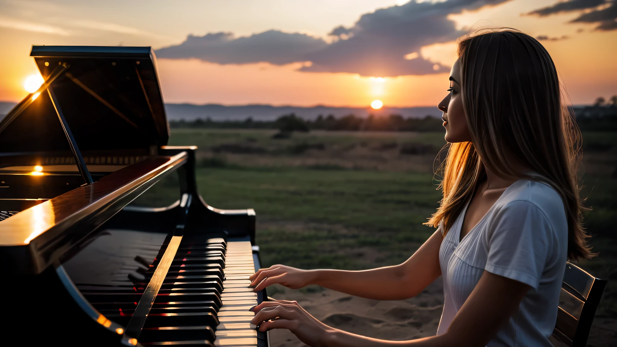 woman playing a piano, sunset