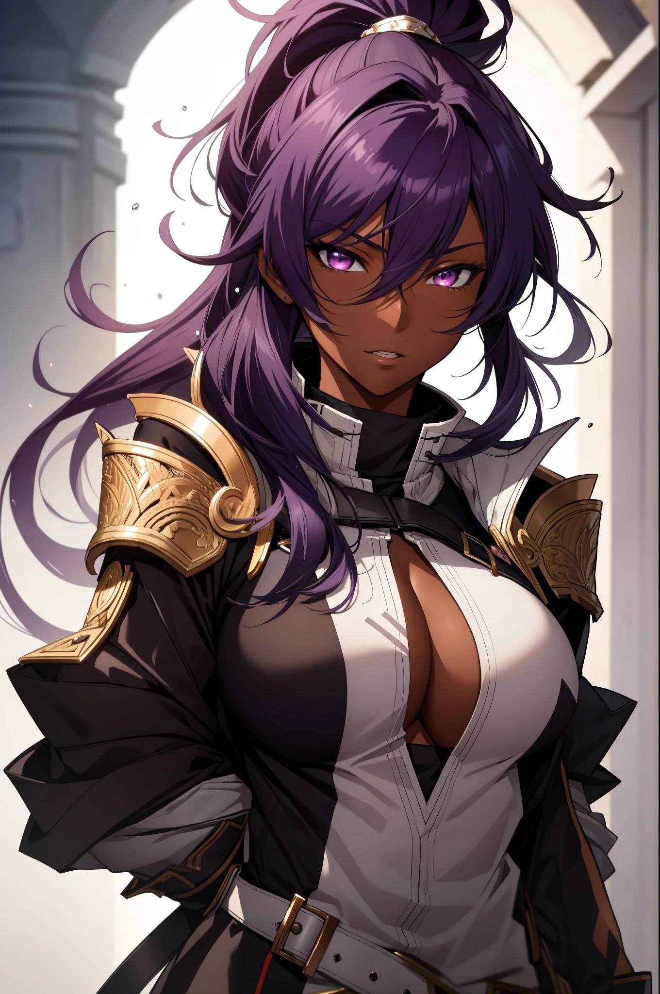 (masterpiece, best quality),  intricate details, 8k, artstation, wallpaper, official art, splash art, sharp focus,
1girl,  solo, shihouin yoruichi, purple hair, (dark skin, dark-skinned female:1.2), ponytail, 
 cropped-fc,  underboob,