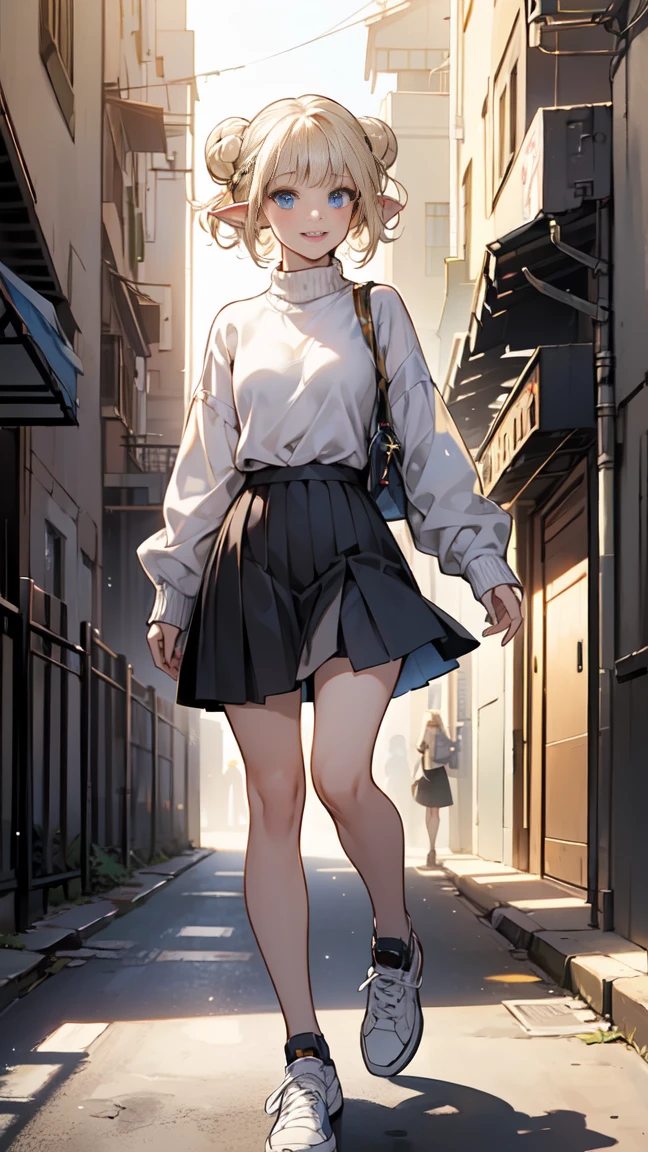 (1 elf girl), (beauty elf girl), (super high quality), masterpiece, casual scene, relaxed atmosphere, She is wearing a trendy tech wear outfit, ((stylish sweaters and skirts)), With comfortable sneakers, The sun's rays give off warm colors, Street atmosphere, urban envrionment. perfect body, (G cup:1.2), light smile, Fresh, (asymmetrical bangs:1.3), braid bun hair, short hair, highly detailed face and eyes, beautiful eyes,closed mouth, perfect lips, (white blonde hair, deep blue eyes:1.2),cyber punk, SF, digital art, beautiful, cinematic lighting, by Yusuke Murata.
