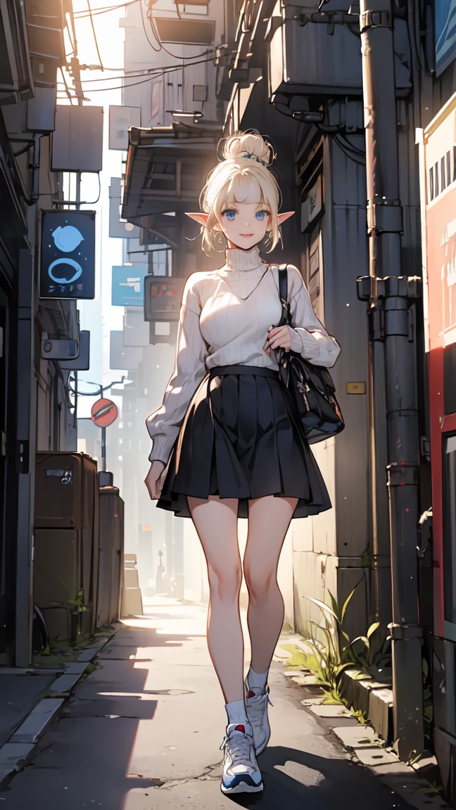 (1 elf girl), (beauty elf girl), (super high quality), masterpiece, casual scene, relaxed atmosphere, She is wearing a trendy tech wear outfit, ((stylish sweaters and skirts)), With comfortable sneakers, The sun's rays give off warm colors, Street atmosphere, urban envrionment. perfect body, (G cup:1.2), light smile, Fresh, (asymmetrical bangs:1.3), braid bun hair, short hair, highly detailed face and eyes, beautiful eyes,closed mouth, perfect lips, (white blonde hair, deep blue eyes:1.2),cyber punk, SF, digital art, beautiful, cinematic lighting, by Yusuke Murata.