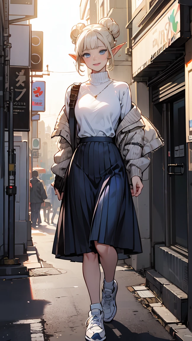 (1 elf girl), (beauty elf girl), (super high quality), masterpiece, casual scene, relaxed atmosphere, She is wearing a trendy tech wear outfit, ((stylish sweaters and skirts)), With comfortable sneakers, The sun's rays give off warm colors, Street atmosphere, urban envrionment. perfect body, (G cup:1.2), light smile, Fresh, (asymmetrical bangs:1.3), braid bun hair, short hair, highly detailed face and eyes, beautiful eyes,closed mouth, perfect lips, (white blonde hair, deep blue eyes:1.2),cyber punk, SF, digital art, beautiful, cinematic lighting, by Yusuke Murata.