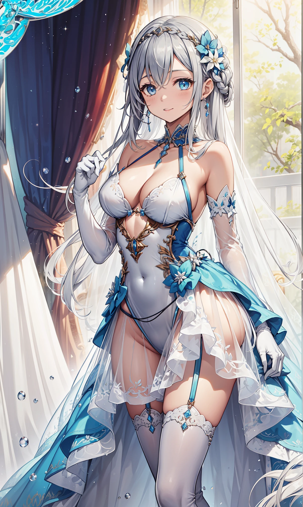 Virgin，Mild seduction，having fun，in love，(Magical transparent white dress)，black gloves，silver hair，blue eyes，see through transparent clothes，Delicate hair accessories，Transparent lace，Holy sky blue yellow and white pattern，night，Beautifully dressed，bedroom，night，Carved suspender boots，Super details，top quality，highest resolution，Mildly colorful