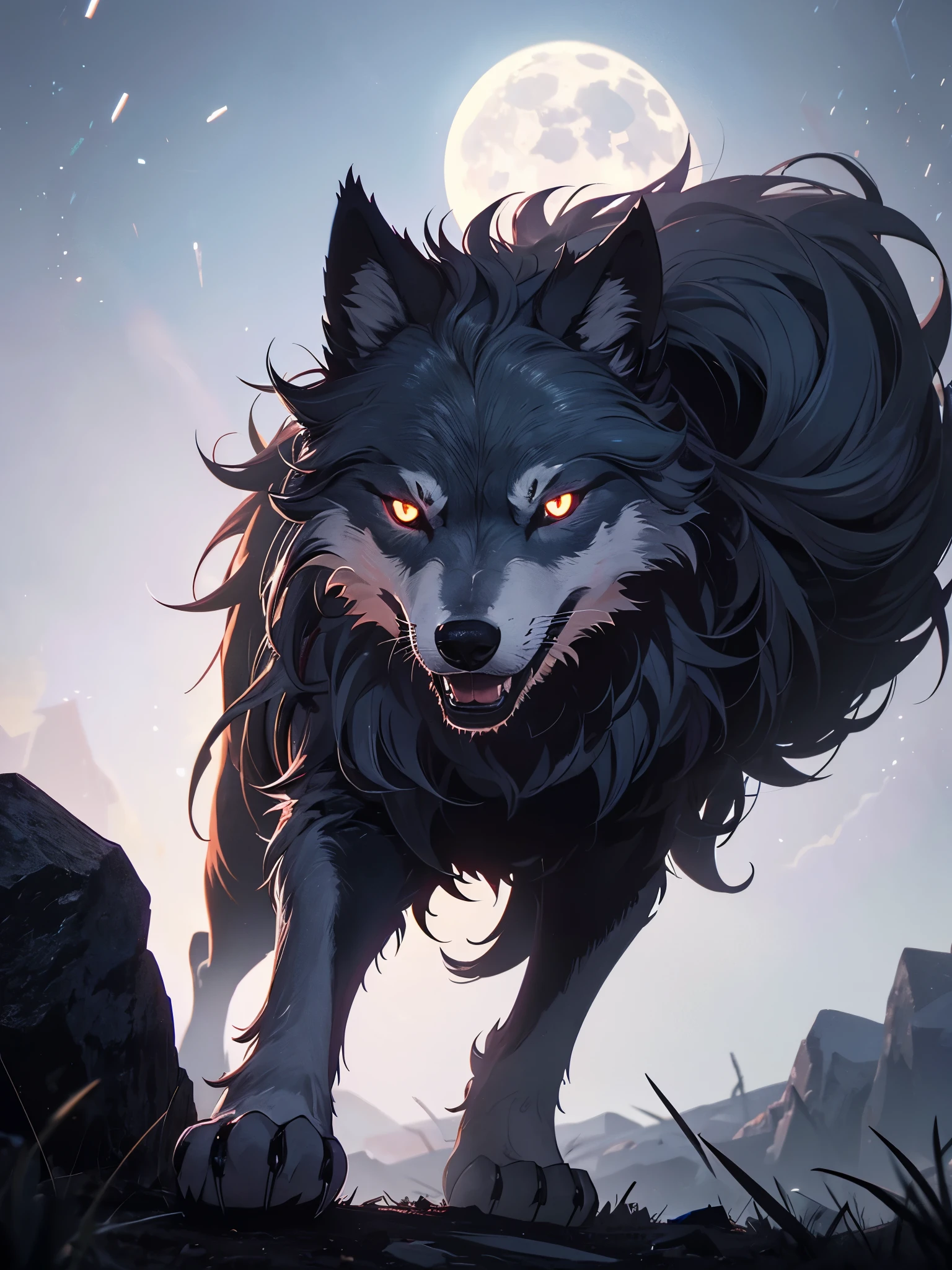 One eyed wolf, standing on top of a hill under moonlight at night. Glowing eyes. Wolf.