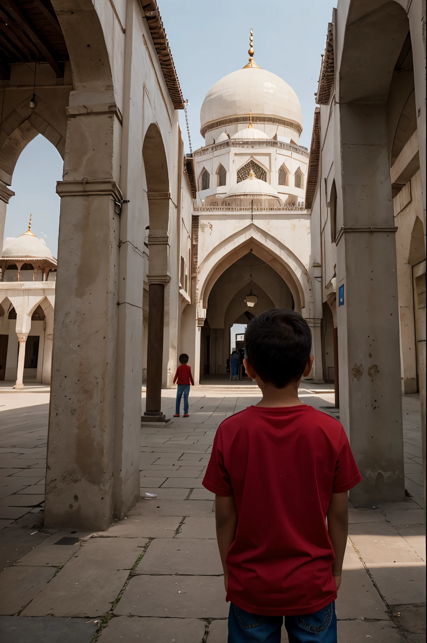 stands next to a mosque and there are children around playing with man , backview , red shirt . blue jeans