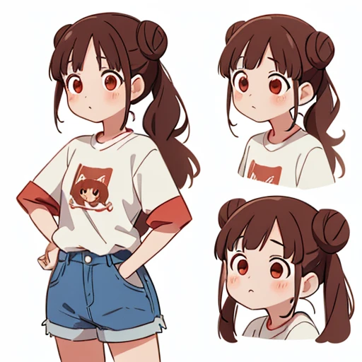 chiyoko sonoda, brown hair, (red eyes:1.5), hair bun, long hair, double bun, sidelocks, white background, denim, shorts, white shirt, character sheet