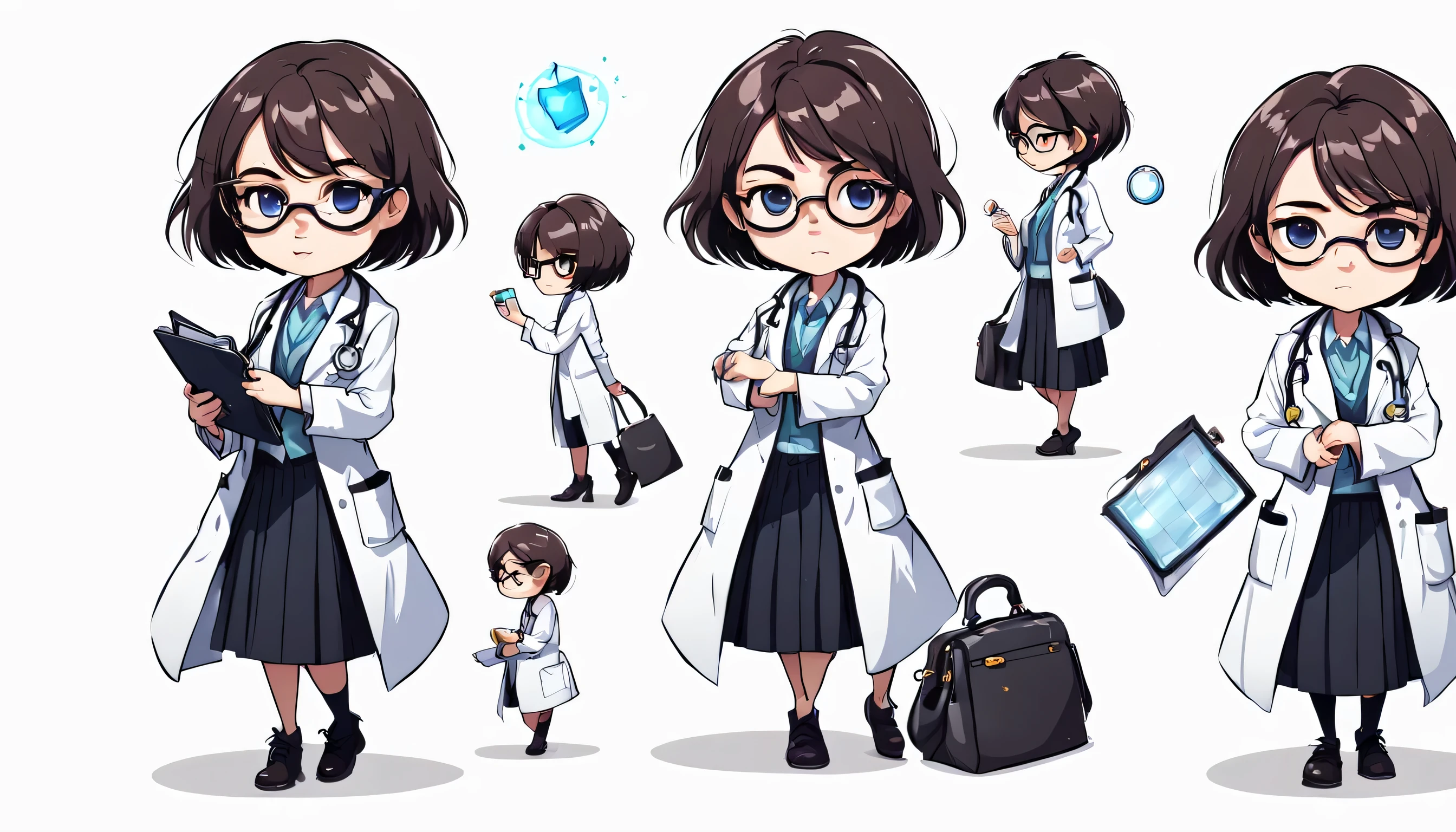 chibi style illustration magical doctor with short hair. who wore glasses, a long skirt and a lab coat, putting her hand into her bag, detailed   character sheet, multiple poses, multiple angles 