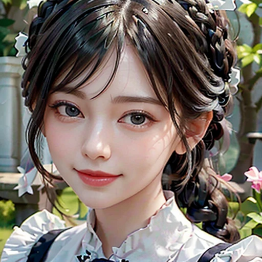 highest quality, ultra nothing, realistic, Photo of one beautiful woman, detailed face, black dutch braid with a twist, (detailed porcelain dolls,Delicate clothes with lots of frills and ribbons), Mansion Pool, (close up face), fascinating look, looking at the viewer, smile