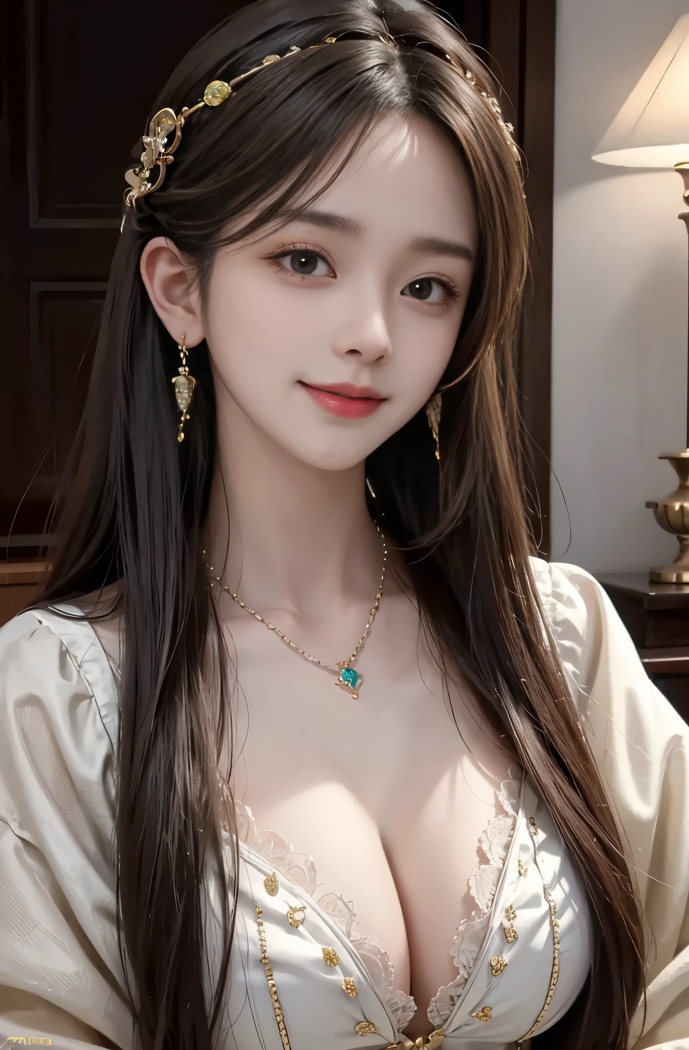 8K Ultra HD, table top, highest quality, beautiful girl, long hair, Beautiful necklaces, beautiful earrings, beautiful hair ornament, girl, smile, Sexy, big breasts, cinematic lighting