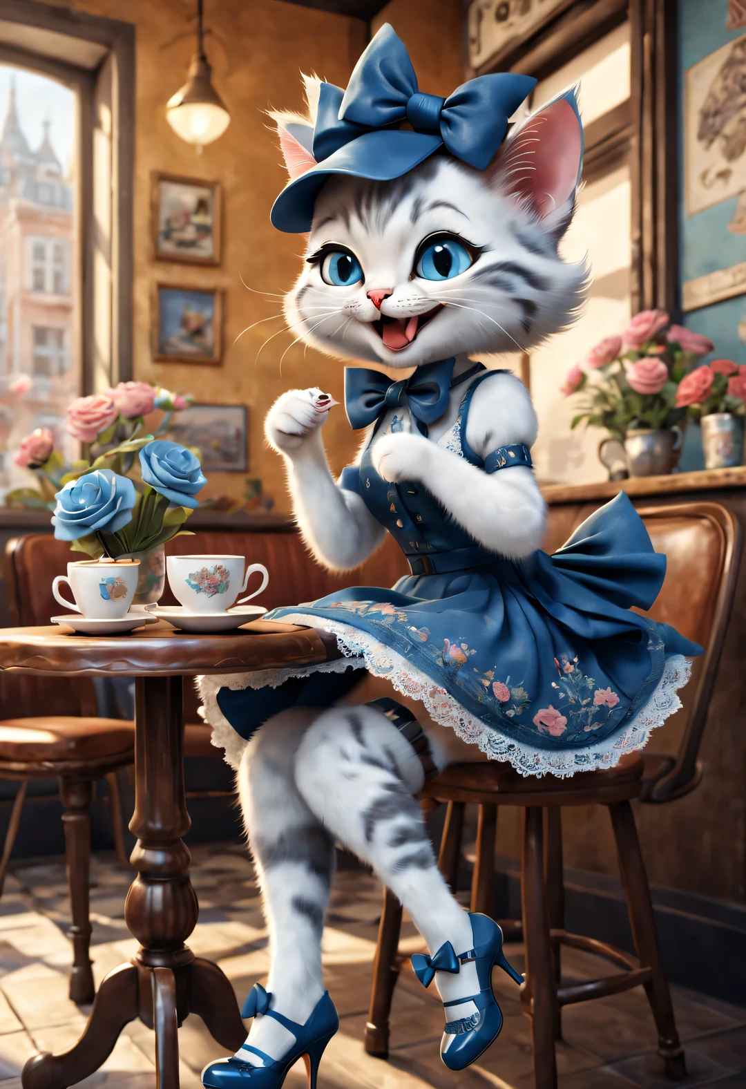 (A cute skinny kitten sitting in a cafe drinking coffee),dieselpunk style ,(The kitten wears a super exaggerated big bow,) (Smiling happily with open mouth),cat crossing legs,Wearing a blue lace skirt and high heels,detailed details,beautiful details,urban cafe,flowers,Magazine,
,
3d rendering, cartoon,illustration,Pixar,cartoon,ultra high definition, high quality,32k,