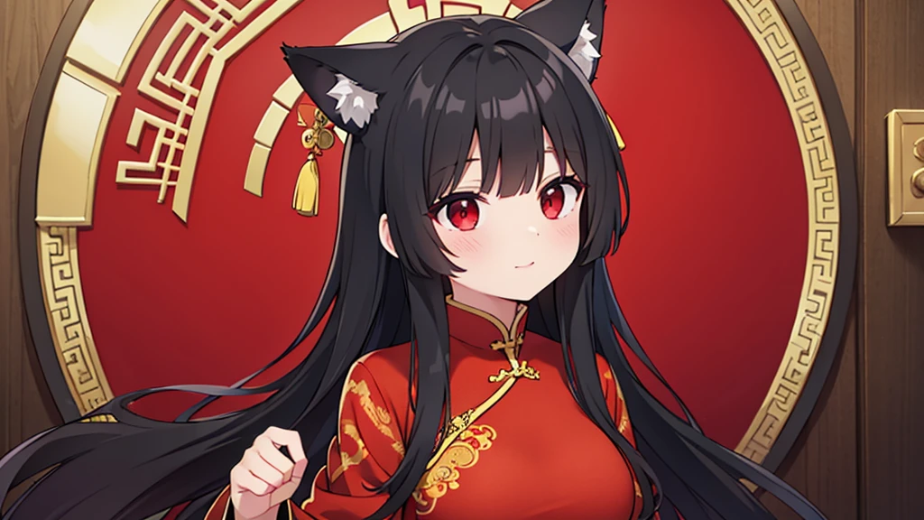 (best quality), (masterpiece), black hair, wolf ears, red eyes, China dress