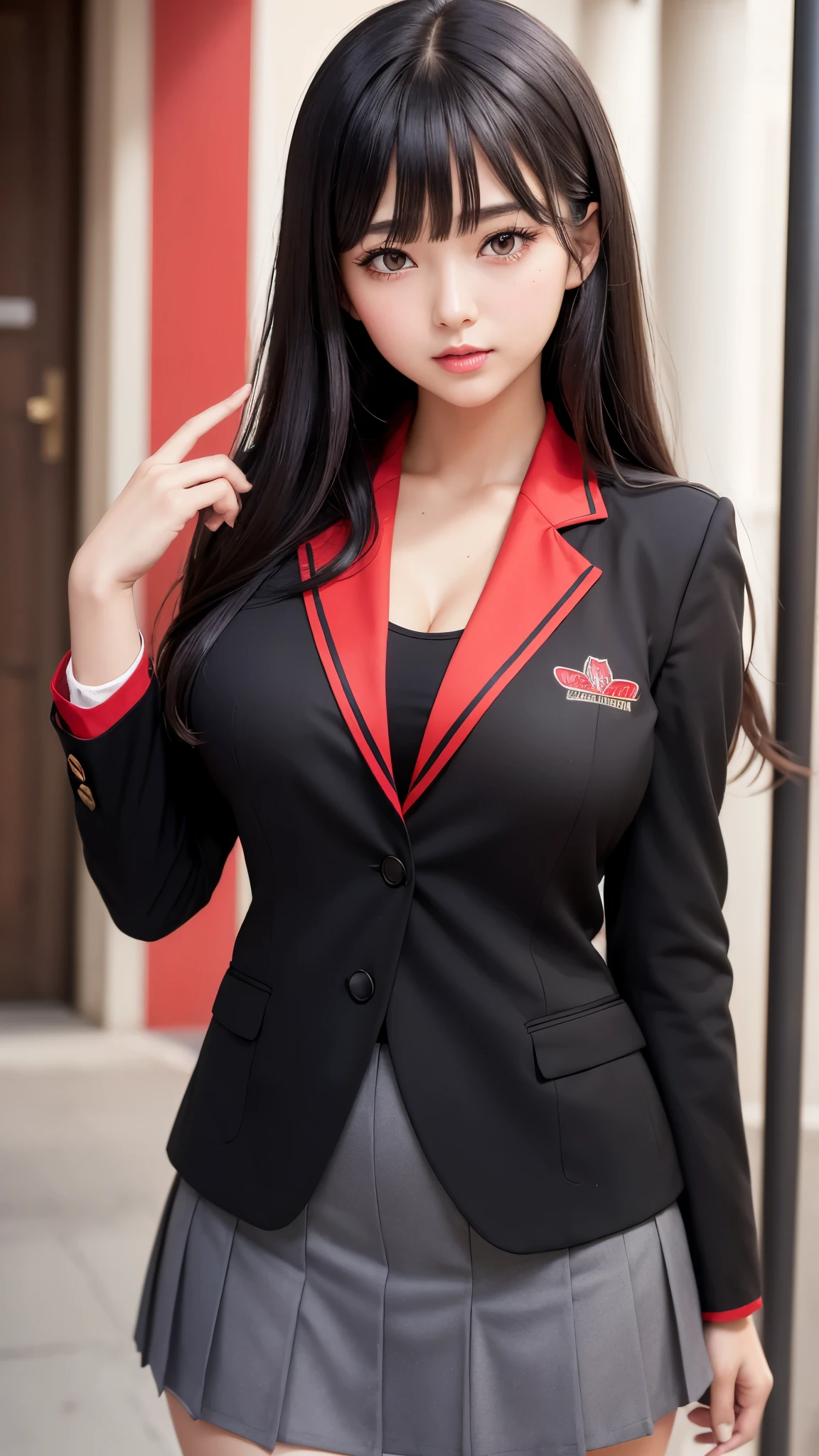 ((best quality)), ((muste piece)), (detailed breasts), (highlight), perfect face　Young girl highlighting large breasts with detailed face、Long, thick, shiny, beautiful black hair with blunt bangs、solid color background、Standing wearing red and black blazer and miniskirt school uniform、Japanese high school girl、student council president idol、