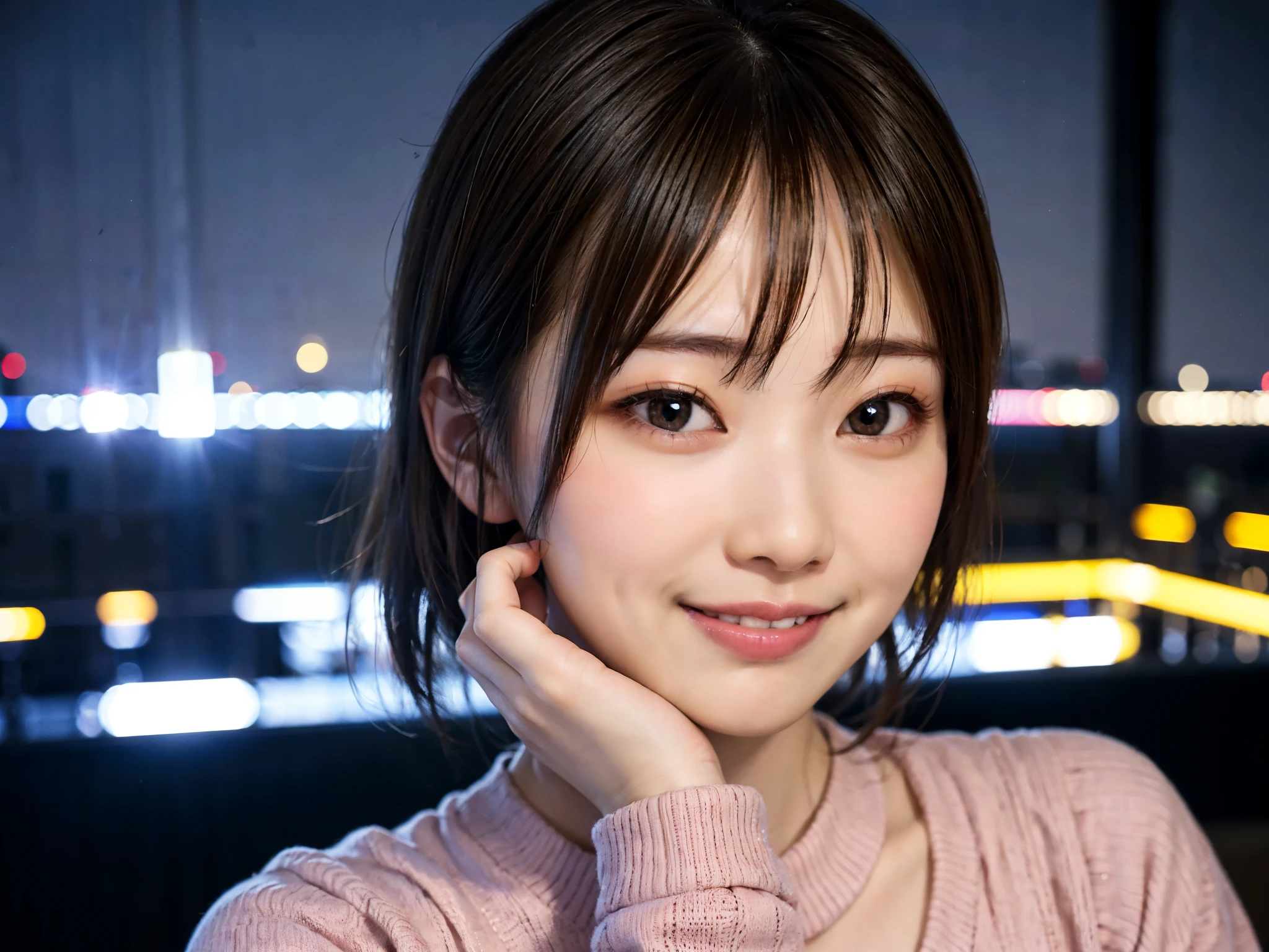 Japan girls in casual clothes、pay attention to your audience、Tokyo cityscape at night、(highest quality、master masterpiece)))、HD Fine、very detailed、master masterpiece、movie lighting、(8K、highest quality、master masterpiece:1.2)、(realistic、Photoreal:1.37) high resolution、Super detailed、woman wearing glasses、Silent look、round glasses、Asian, cute, cute顔, alone, short hair 1.2, rough skin, Beautiful smile, Beautiful and detailed night sky, night scenery, movie lighting, Depth of bounds written, lens flare light、date、(blush your nose)、、(closed your mouth)small breasts、Beautiful eye for detail、(sweater:1.1)、(short hair:1.2)、floating hair nova frog style、