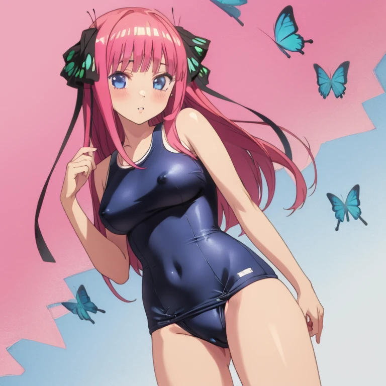 masterpiece, best quality, ultra detailed, best illustration, nsfw, 1girl, one-piece swimsuit, nino, pink hair, butterfly hair ornament