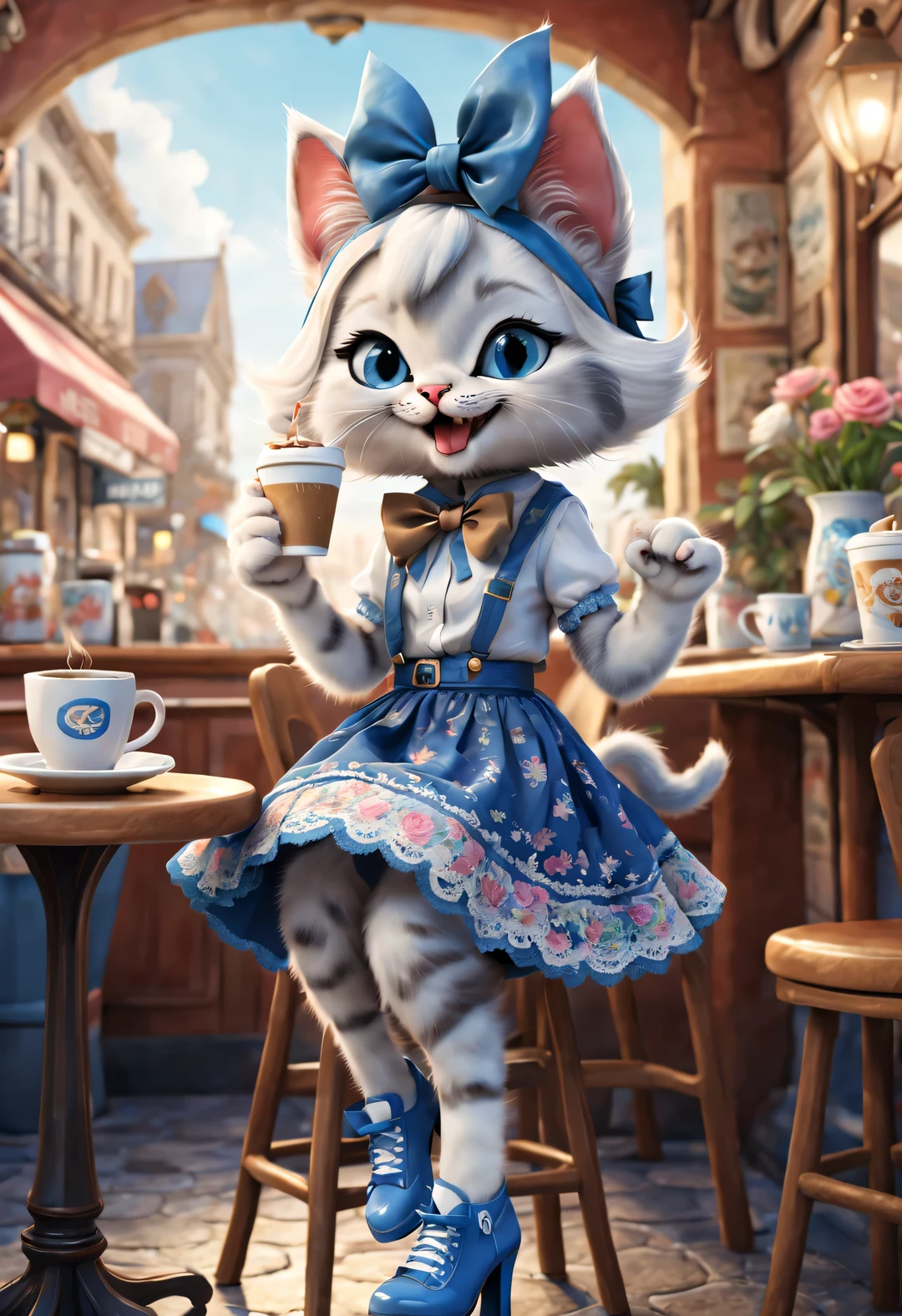 （A cute skinny kitten sitting in a cafe drinking coffee），Hip-hop style clothing ,（The kitten wears a super exaggerated big bow，） （Smiling happily with open mouth），cat crossing legs，Wearing a blue lace skirt and high heels，detailed details，beautiful details，urban cafe，flowers，Magazine，
，
3d rendering， cartoon，illustration，Pixar，cartoon，ultra high definition， high quality，32k，