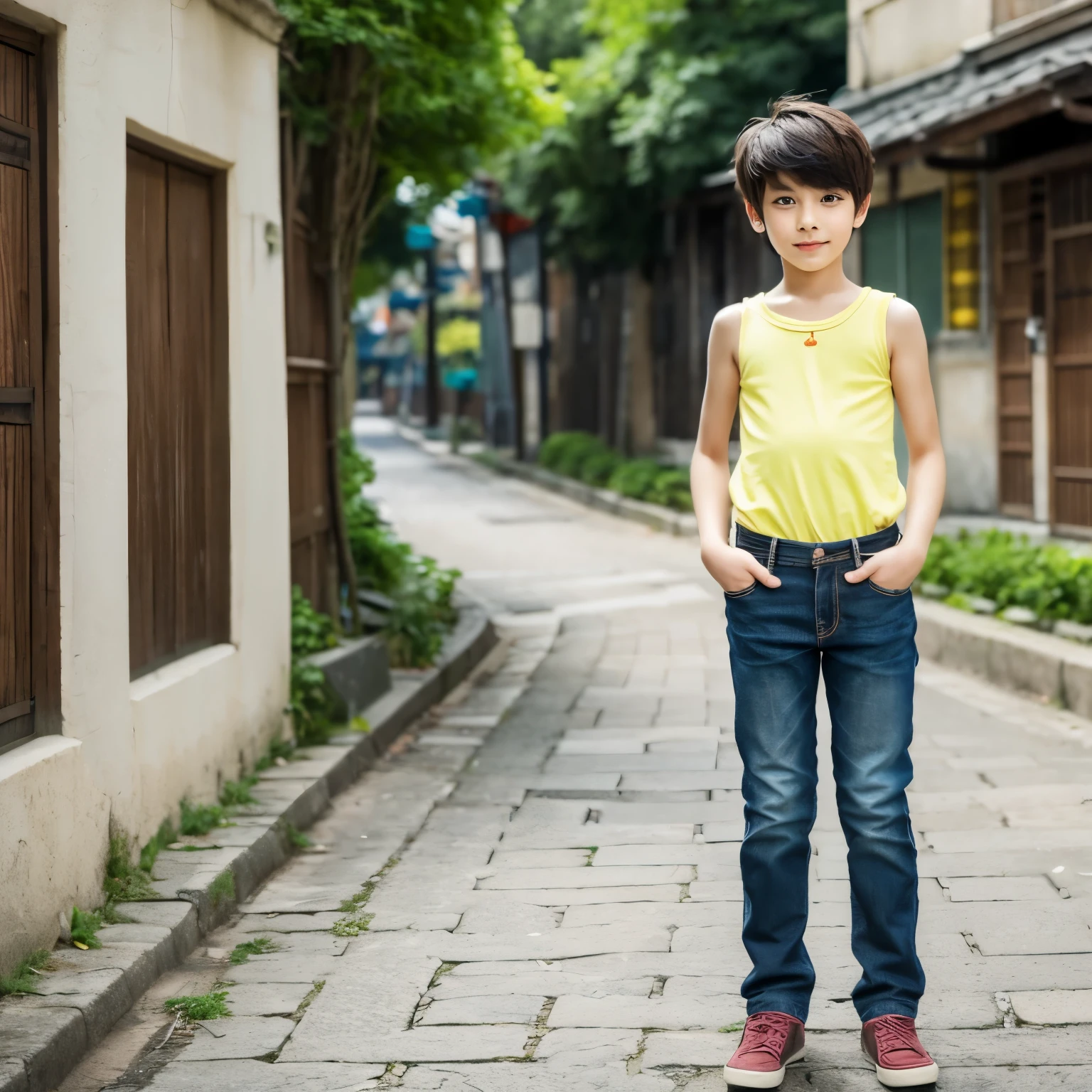  boy, 1 boy, young boy, anime style, slender body, クロップトップの黒いパーカーを着たアニメのyoung boy, Skinny Jeans Pants,red short hair, Green and yellow eyes, Photo collection of cute poses, Straight down the street of the tower, Anime Art Wallpapers, be familiar with, 8K, high quality,small breasts、beautiful、