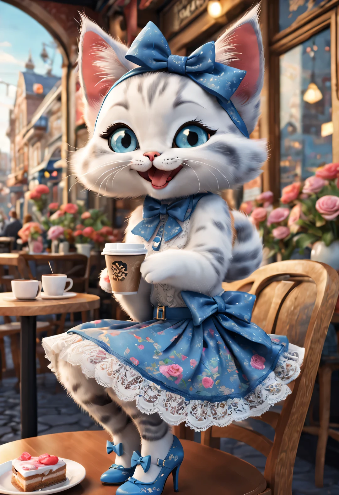 (A cute skinny kitten sitting in a cafe drinking coffee),Hip-hop style clothing ,(The kitten wears a super exaggerated big bow,) (Smiling happily with open mouth),cat crossing legs,Wearing a blue lace skirt and high heels,detailed details,beautiful details,urban cafe,flowers,Magazine,
,
3d rendering, cartoon,illustration,Pixar,cartoon,ultra high definition, high quality,32k,