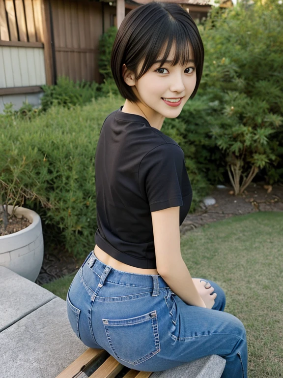 top-quality,masterpiece,Raw photography,8K,Top image quality,hight resolution, 18 years old Japanese female idol ,Beautuful Women,cute Japanese girls, Pretty Woman ,Beautiful face in every detail, ,small head, seductive smile ,Realistic human skin, pale skin ,cut model , Short hair ,bowl cut ,skinny body , t-shirts,low rise pants, constriction, face focus , ass focus, leaning forward ,arched back, from above ,from behind,looking back,selfie
