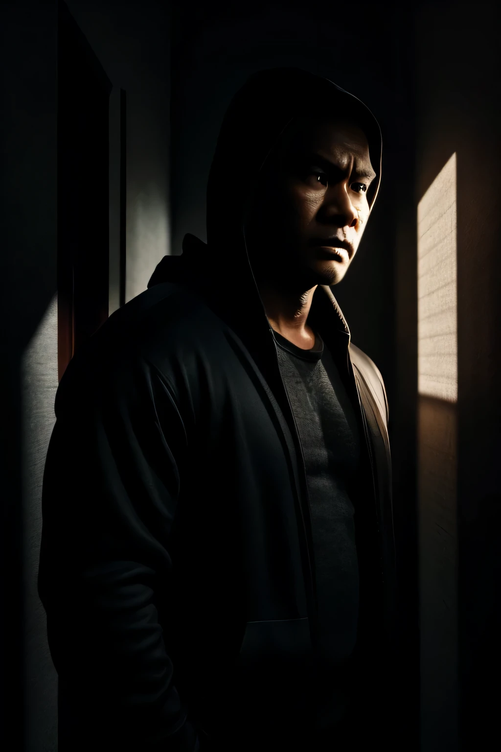 Design a dramatic movie poster inspired by classic film noir, Mysterious style, close-up of a indonesian man,40 years old, with black hoodie,capturing the essence of mystery and intrigue, Utilize shadows and noir-style lighting to enhance the atmosphere