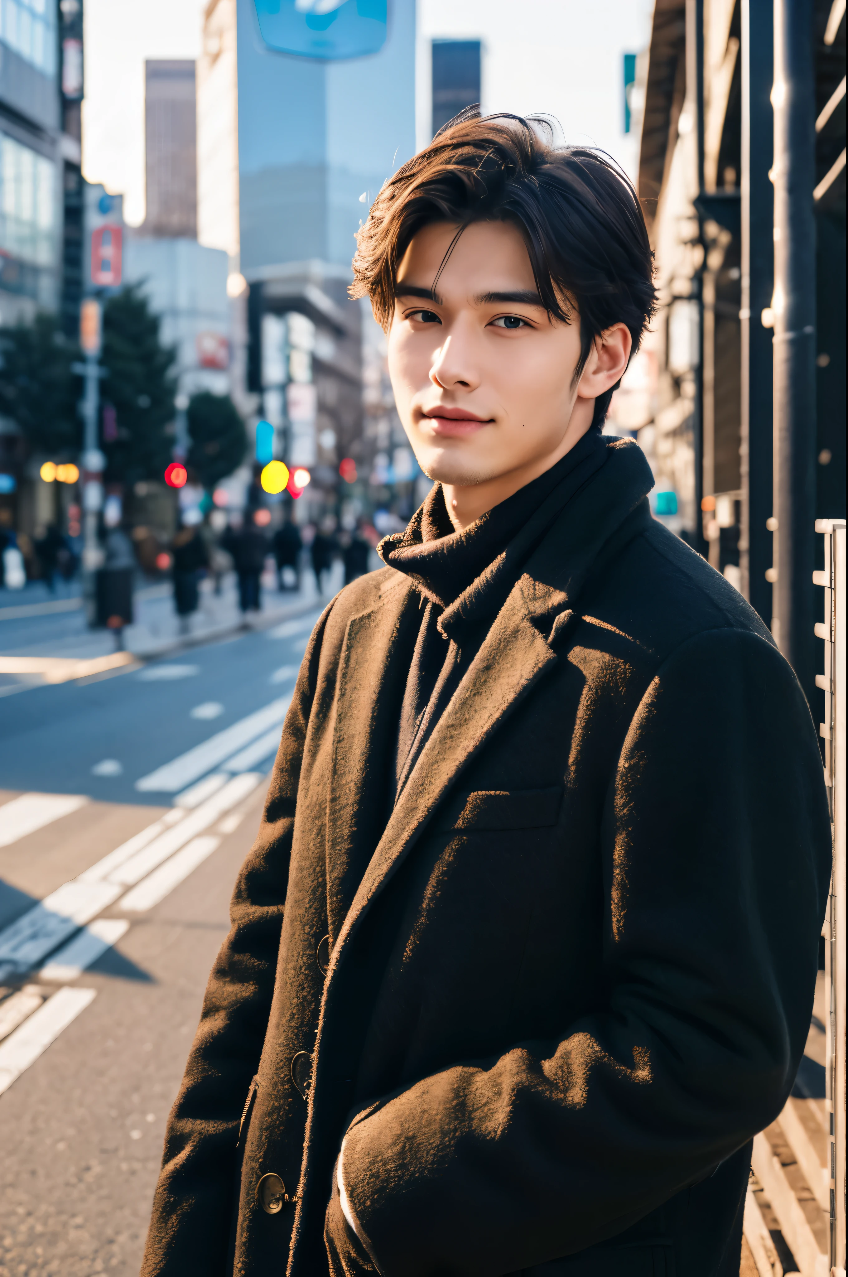 Photoreal, 8K full body portrait, Handsome, 20 year old male, attractive look, detailed facial details, Tokyo city, winter, Shibuya in the background