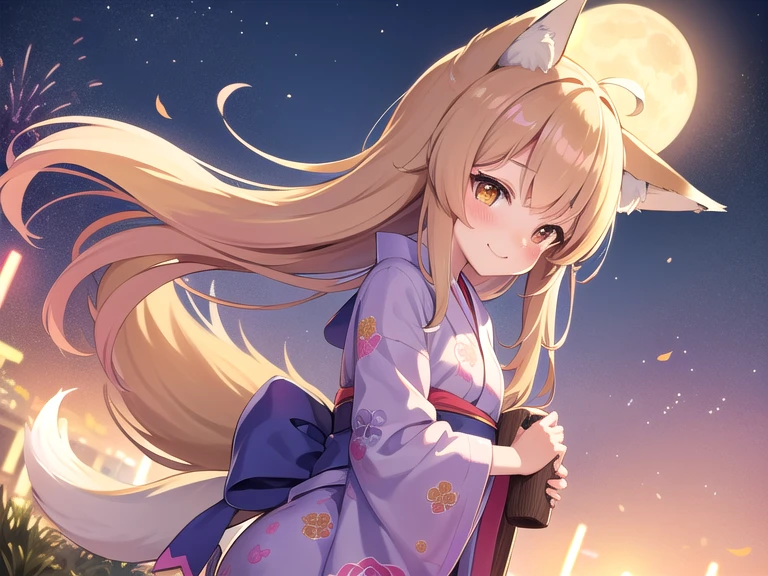 Masterpiece, best quality, Kawaii girl, fox ears, fox tail, wear yukata, standing on a hill, colorful fireworks on the background, night, Full Moon, shy smile, blushed face