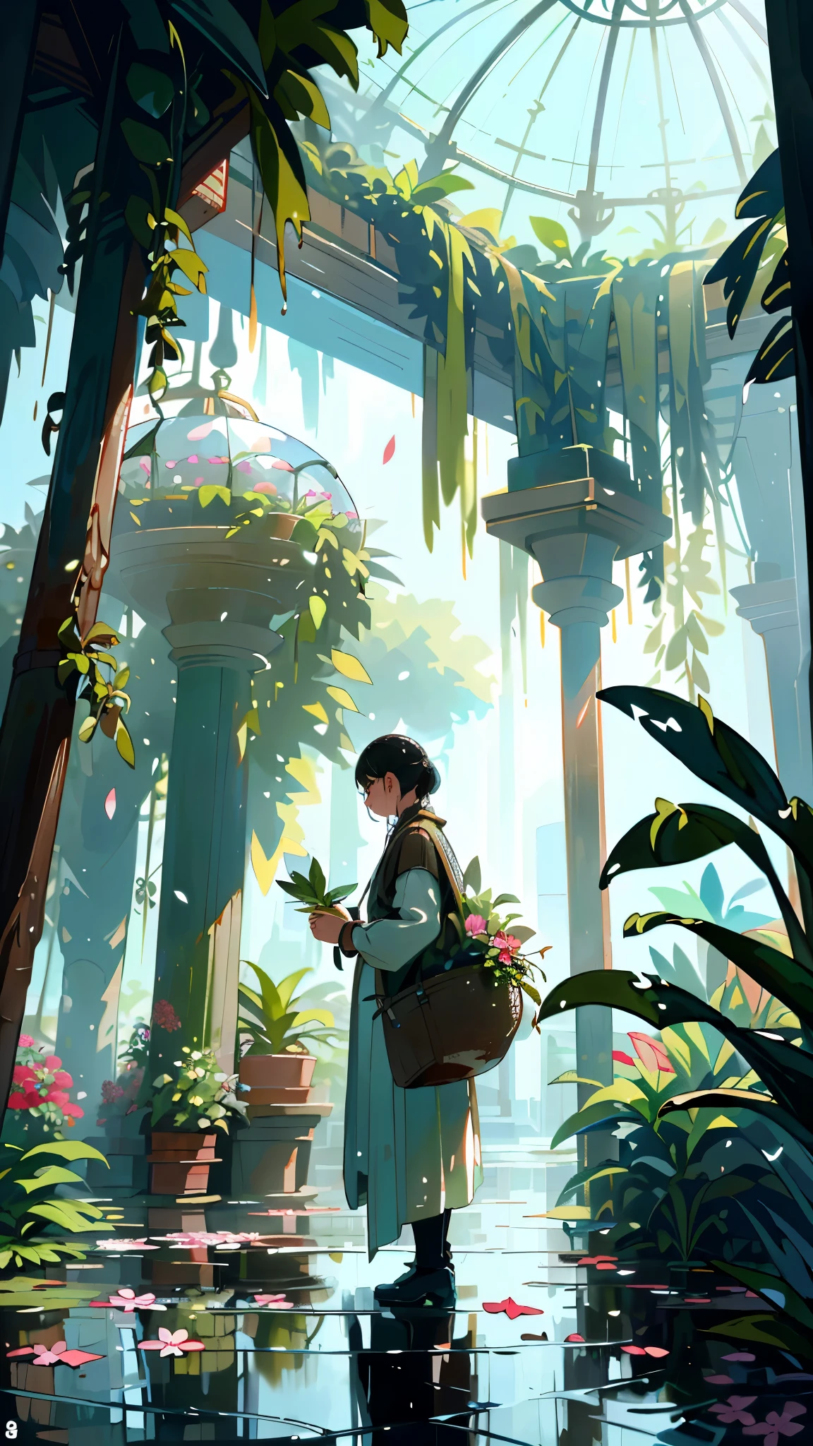 (top quality, masterpiece, ultra-realistic), rainy day, raining, wet ground, puddle, indoor botanical garden, dome, lots of flowers, dense mass plants, the background landscape is a garden with petals and puffs flying around. --v6