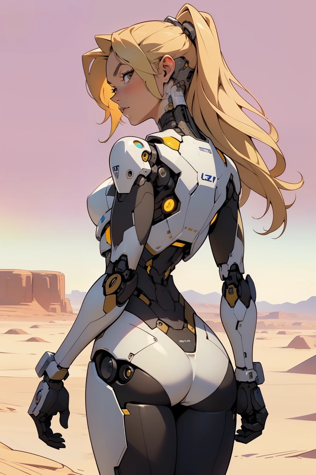 high quality, 4k, masterpiece, beautiful, cyborg girl, cowboy shot, dull eyes, back side, turning around to look at viewer, long blonde hair, girl, small breasts, fit thigh, robotic arms, robotic body, cyborg body, yellow accent, redaccent, intricate detail, joint, detailed lines, robotic detail, holding fist up, holding hand up as fist, color robotic parts, robotic parts with color, perfect fingers, on a desert planet, sunny background, colorful desert,