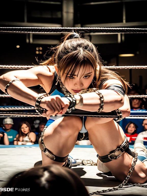 An arafi woman standing in a wrestling ring with chains attached to her ankles, bad pose, Aggressive poses, aggressive appearance, wrestler, mika kurai demon, intense expression, japanese cyborg, fierce expression, Chunli, Chunli, Asuka, Harness, It rains, mayuri shiina, motto hole, a sword strapped to her back