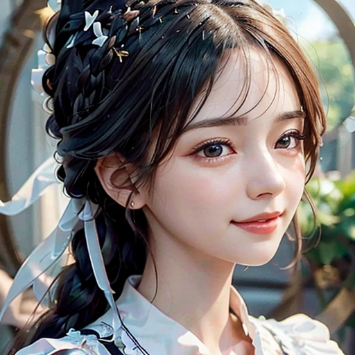 highest quality, ultra nothing, realistic, Photo of one beautiful woman, detailed face, black dutch braid with a twist, (detailed porcelain dolls,Delicate clothes with lots of frills and ribbons), Mansion Pool, (close up face), fascinating look, looking at the viewer, smile, Bright lighting, 10 years old