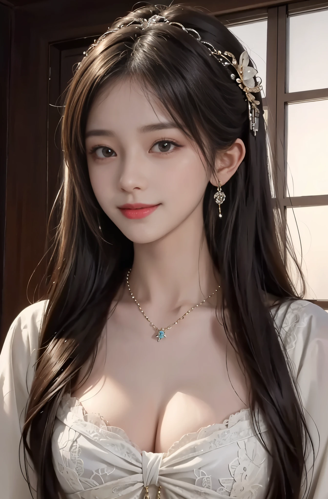 8K Ultra HD, table top, highest quality, beautiful girl, long hair, Beautiful necklaces, beautiful earrings, beautiful hair ornament, 17 year old girl, smile, Sexy, big breasts, cinematic lighting