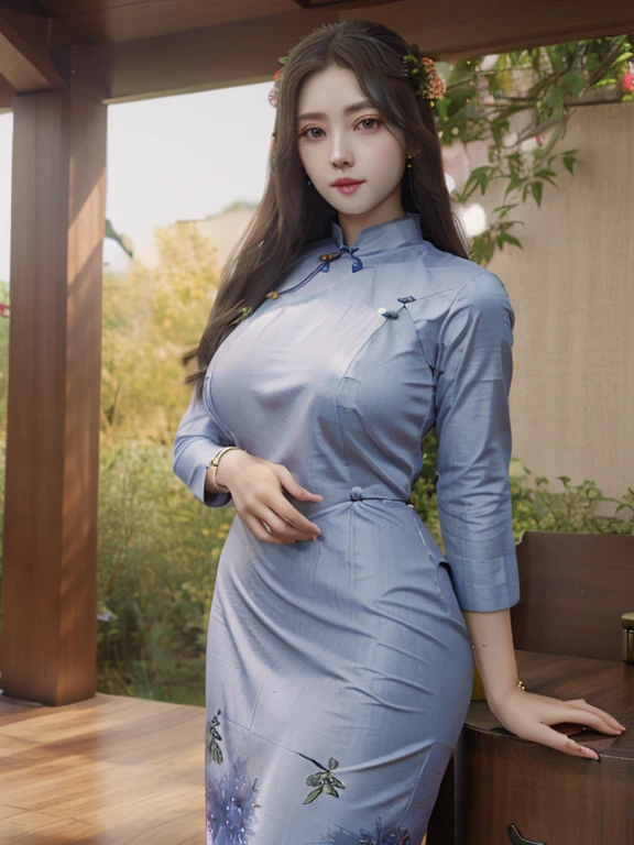 Photorealistic, high resolution, 1 woman, hips up, Beautiful eyes, Long hair, ringed eyes, jewelry, cheongsam