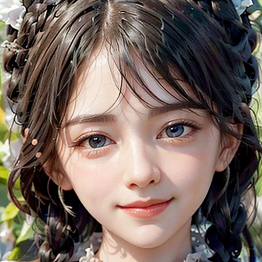 highest quality, ultra nothing, realistic, Photo of one beautiful woman, detailed face, black dutch braid with a twist, (detailed porcelain dolls,Delicate clothes with lots of frills and ribbons), Mansion Pool, (close up face), fascinating look, looking at the viewer, smile, Bright lighting, 10 years old