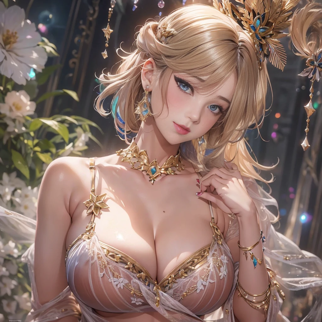 beautiful美しさ, 3D two-dimensional, rich, blonde, skirt, stockings, high heels, poison、star、star、(Highly detailed CG Unity 8K wallpaper),(masterpiece), (最high quality), (Super detailed), (best illustrations),(best shadow), (sharp eyeliner, eye shadow, fine eye:1.1), (超High resolution,realistic,最high quality,realistic),(8K,RAW photo,最high quality,マstarプル),mature woman、sensual curves、huge breasts、thighs、bubble、お尻のmasterpiece, 最high quality, Super detailed, full body shot, mature woman, beautiful mature woman, nightgown and underwear, enchanting smile, thick lips, Chubby lips, blush, looking at the viewer, provocative expression, beautiful髪型, cleavage, Plump、curvy hips、attractive face、sexy lingerie、an inviting gaze、Expression of emotions、Lewd underwear、(((erotic see-through lingerie set)))、Standing position、gorgeous accessories 、big breastsの女性, bare shoulders, golden hair, colored feather, metal ornaments, colored flowers, particle, light, (masterpiece, 最high quality, 最high quality, official art, beautiful and aesthetic:1.2), (1 girl:1.3), very detailed,(fractal art:1.1),(colorful:1.1)、(flowers:1.3),most detailed,(zentangle:1.2), (dynamic pose), (abstract background:1.3), (shiny skin), (lots of colors :1.4), ,(earrings:1.4), (feather:1.4),masterpiece, 最high quality, Super detailed, 30~40 years, full body shot, beautiful 、various hairstyles，gold headband，plump breasts，beautiful butt，greek clothing，Tulle covers the breasts，perfectly proportioned, detailed clothing details,marble，god statue，cinematic lighting, film grain, Fuji color, 8K, masterpiece, Super detailed, high detail, high quality, High resolution,(((NSFW:1.2)))、exposed chest、Openwork decoration，(((see through dress)))、(((解剖学的に正しいbody))) , 最high quality, Super detailed, (((Lewd underwear)))、raise your butt, from below, (((R-18)))、Hakari、thighs, big breasts, Are standing, cowboy shot, blush, (((1 girl))), (masterpiece:1.3), (High resolution), (8K), (very detailed), perfect face, Nice eye and face, (((最high quality))), (Super detailed), detailed face and eye, (alone), High resolution、beautifuleye,(((sexy pose)))、(((整ったbig breasts)))、((beautiful eye))、luxury、(((超High resolution)))、(((detailed description)))、(((ぽっちゃりbody型)))、(((解剖学的構造に一致したbodyの部位)))、beautiful長いまつ毛、バランスのとれたbody型、２Book Arm、2 legs、Just the right size for your legs and arms、Fishnet tights、glamorous、(((Clear white and black eye)))、lipstick、Sparkling、Undistorted face, eye, body、jewelry、gem、(((長くカールしたbeautifulまつ毛))