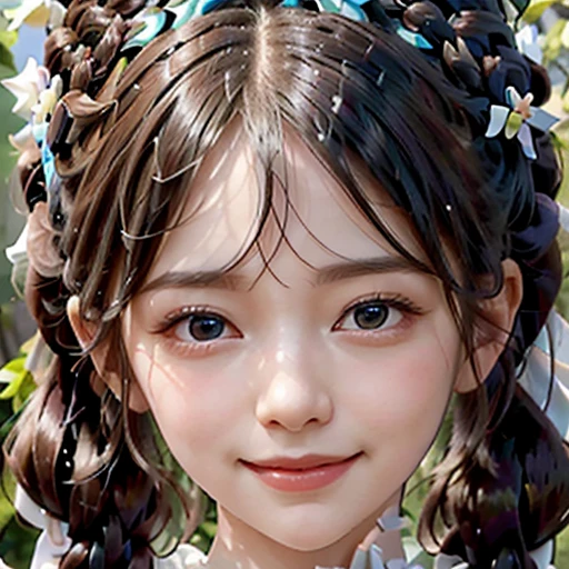 highest quality, ultra nothing, realistic, Photo of one beautiful woman, detailed face, black dutch braid with a twist, (detailed porcelain dolls,Delicate clothes with lots of frills and ribbons), Mansion Pool, (close up face), fascinating look, looking at the viewer, smile, Bright lighting, 10 years old