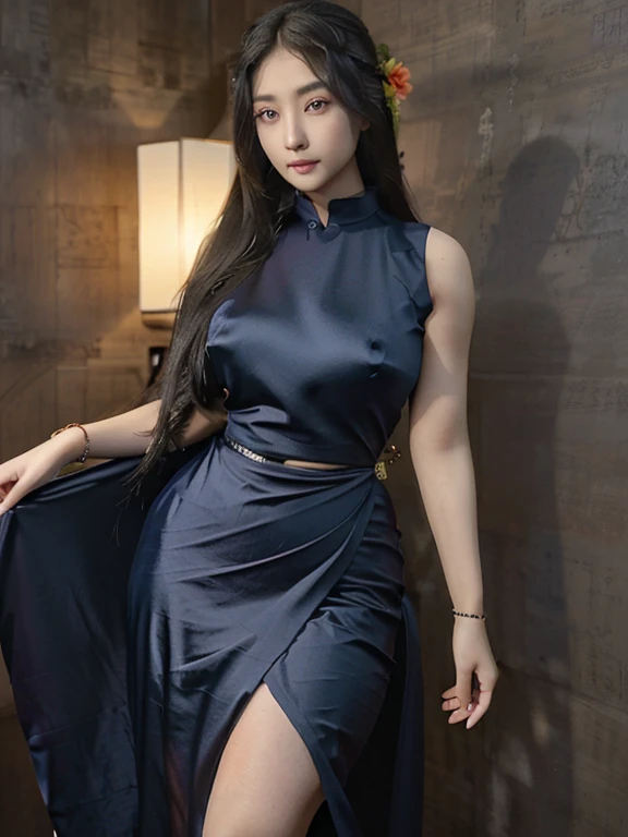 Photorealistic, high resolution, 1 woman, hips up, Beautiful eyes, Long hair, ringed eyes, jewelry, cheongsam (Dark blue silk dress)(နက်ပြာရောင် ပိုးသားဝတ်စုံ)