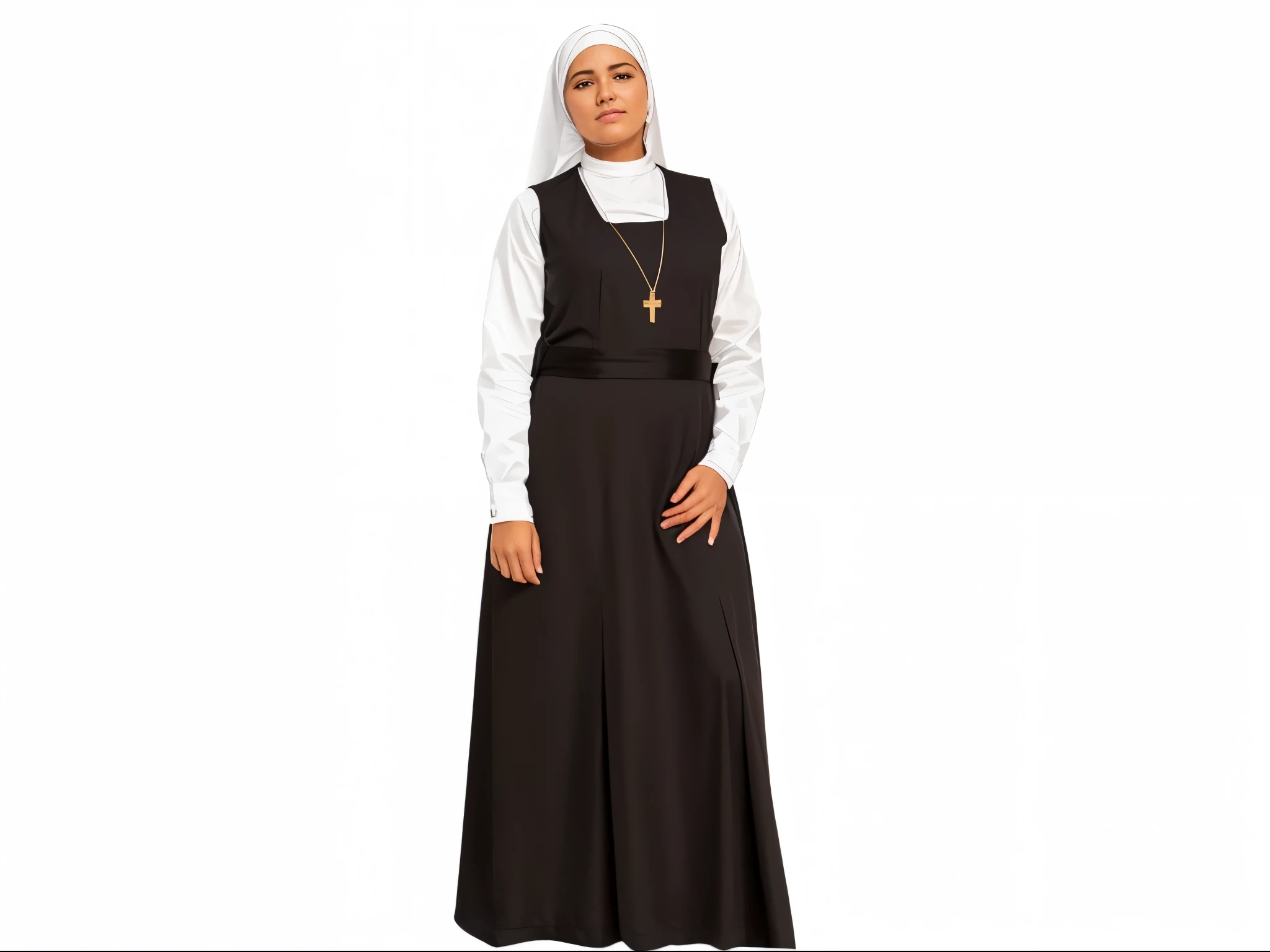 a woman in a nun costume standing with her hands on her hips, roupa de freira, modelo de freira, vestido longo com avental, nun, modelo de freira looking up, vestes religiosas, mistura de estilo do Vaticano, assunto completo mostrado na foto, two hovering twin nuns, # 0 1 7 9 6 f, complete view, Preto, majestosa mulher santa, biblical clothing
